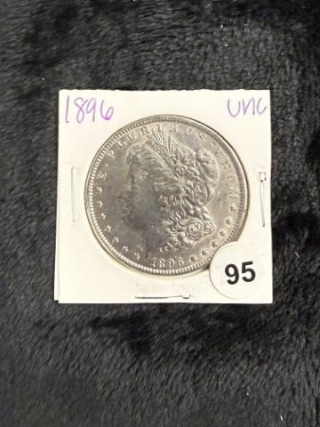 1896 UNC Morgan Silver Dollar Coin: KEY WORDS: INDIAN ARTIFACT ARTIFACTS ARROWHEAD ARROWHEADS NATIVE AMERICAN MISSISSIPPIAN QUAPAW CADDO POTTERY COINS MORGAN DOLLAR PEACE DOLLAR SILVER COINS. All coins have been Sigma tested for authent