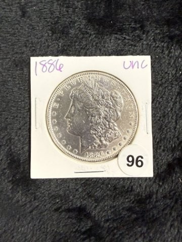 1886 UNC Morgan Silver Dollar Coin: KEY WORDS: INDIAN ARTIFACT ARTIFACTS ARROWHEAD ARROWHEADS NATIVE AMERICAN MISSISSIPPIAN QUAPAW CADDO POTTERY COINS MORGAN DOLLAR PEACE DOLLAR SILVER COINS. All coins have been Sigma tested for