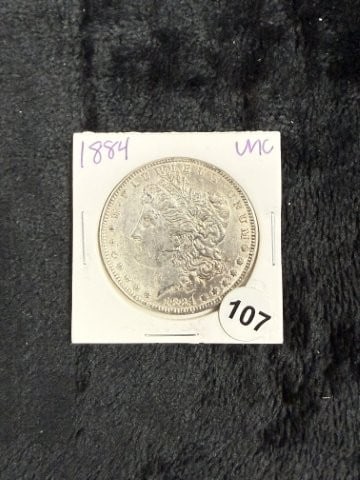 1884 UNC Morgan Silver Dollar Coin: KEY WORDS: INDIAN ARTIFACT ARTIFACTS ARROWHEAD ARROWHEADS NATIVE AMERICAN MISSISSIPPIAN QUAPAW CADDO POTTERY COINS MORGAN DOLLAR PEACE DOLLAR SILVER COINS. All coins have been Sigma tested for
