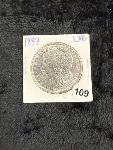 1889 UNC Morgan Silver Dollar Coin: KEY WORDS: INDIAN ARTIFACT ARTIFACTS ARROWHEAD ARROWHEADS NATIVE AMERICAN MISSISSIPPIAN QUAPAW CADDO POTTERY COINS MORGAN DOLLAR PEACE DOLLAR SILVER COINS. All coins have been Sigma tested for