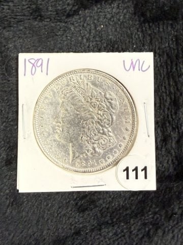 1891 UNC Morgan Silver Dollar Coin: KEY WORDS: INDIAN ARTIFACT ARTIFACTS ARROWHEAD ARROWHEADS NATIVE AMERICAN MISSISSIPPIAN QUAPAW CADDO POTTERY COINS MORGAN DOLLAR PEACE DOLLAR SILVER COINS. All coins have been Sigma tested for