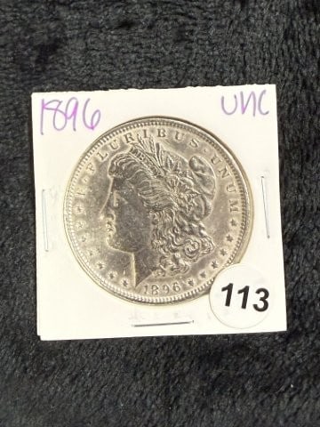 1896 UNC Morgan Silver Dollar Coin: KEY WORDS: INDIAN ARTIFACT ARTIFACTS ARROWHEAD ARROWHEADS NATIVE AMERICAN MISSISSIPPIAN QUAPAW CADDO POTTERY COINS MORGAN DOLLAR PEACE DOLLAR SILVER COINS. All coins have been Sigma tested for