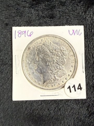 1896 UNC Morgan Silver Dollar Coin: KEY WORDS: INDIAN ARTIFACT ARTIFACTS ARROWHEAD ARROWHEADS NATIVE AMERICAN MISSISSIPPIAN QUAPAW CADDO POTTERY COINS MORGAN DOLLAR PEACE DOLLAR SILVER COINS. All coins have been Sigma tested for authent