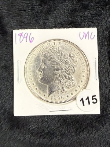 1896 UNC Morgan Silver Dollar Coin: KEY WORDS: INDIAN ARTIFACT ARTIFACTS ARROWHEAD ARROWHEADS NATIVE AMERICAN MISSISSIPPIAN QUAPAW CADDO POTTERY COINS MORGAN DOLLAR PEACE DOLLAR SILVER COINS. All coins have been Sigma tested for