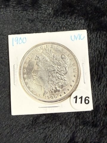 1900 UNC Morgan Silver Dollar Coin: KEY WORDS: INDIAN ARTIFACT ARTIFACTS ARROWHEAD ARROWHEADS NATIVE AMERICAN MISSISSIPPIAN QUAPAW CADDO POTTERY COINS MORGAN DOLLAR PEACE DOLLAR SILVER COINS. All coins have been Sigma tested for