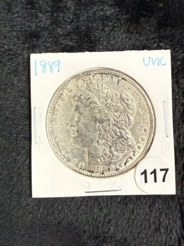 1889 UNC Morgan Silver Dollar Coin: KEY WORDS: INDIAN ARTIFACT ARTIFACTS ARROWHEAD ARROWHEADS NATIVE AMERICAN MISSISSIPPIAN QUAPAW CADDO POTTERY COINS MORGAN DOLLAR PEACE DOLLAR SILVER COINS. All coins have been Sigma tested for