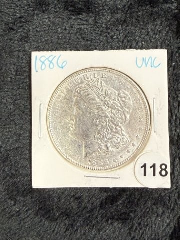 1886 UNC Morgan Silver Dollar Coin: KEY WORDS: INDIAN ARTIFACT ARTIFACTS ARROWHEAD ARROWHEADS NATIVE AMERICAN MISSISSIPPIAN QUAPAW CADDO POTTERY COINS MORGAN DOLLAR PEACE DOLLAR SILVER COINS. All coins have been Sigma tested for authent