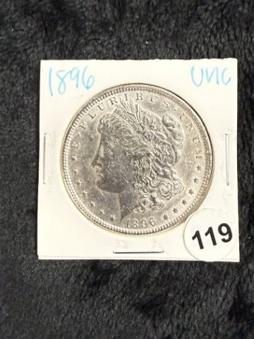 1896 UNC Morgan Silver Dollar Coin: KEY WORDS: INDIAN ARTIFACT ARTIFACTS ARROWHEAD ARROWHEADS NATIVE AMERICAN MISSISSIPPIAN QUAPAW CADDO POTTERY COINS MORGAN DOLLAR PEACE DOLLAR SILVER COINS. All coins have been Sigma tested for authent