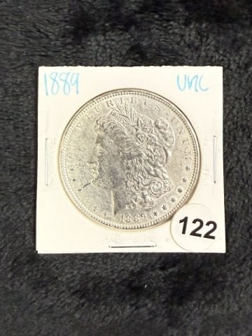 1889 UNC Morgan Silver Dollar Coin: KEY WORDS: INDIAN ARTIFACT ARTIFACTS ARROWHEAD ARROWHEADS NATIVE AMERICAN MISSISSIPPIAN QUAPAW CADDO POTTERY COINS MORGAN DOLLAR PEACE DOLLAR SILVER COINS. All coins have been Sigma tested for