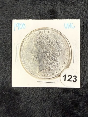 1900 UNC Morgan Silver Dollar Coin: KEY WORDS: INDIAN ARTIFACT ARTIFACTS ARROWHEAD ARROWHEADS NATIVE AMERICAN MISSISSIPPIAN QUAPAW CADDO POTTERY COINS MORGAN DOLLAR PEACE DOLLAR SILVER COINS. All coins have been Sigma tested for authent