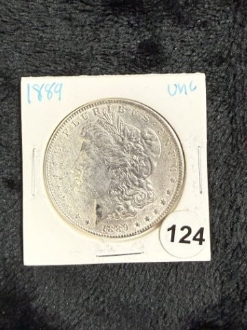 1889 UNC Morgan Silver Dollar Coin: KEY WORDS: INDIAN ARTIFACT ARTIFACTS ARROWHEAD ARROWHEADS NATIVE AMERICAN MISSISSIPPIAN QUAPAW CADDO POTTERY COINS MORGAN DOLLAR PEACE DOLLAR SILVER COINS. All coins have been Sigma tested for authent
