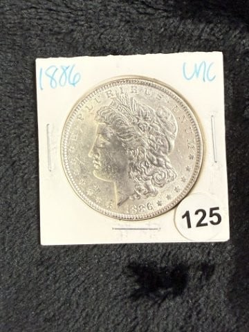 1886 UNC Morgan Silver Dollar Coin: KEY WORDS: INDIAN ARTIFACT ARTIFACTS ARROWHEAD ARROWHEADS NATIVE AMERICAN MISSISSIPPIAN QUAPAW CADDO POTTERY COINS MORGAN DOLLAR PEACE DOLLAR SILVER COINS. All coins have been Sigma tested for