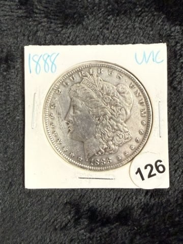 1888 UNC Morgan Silver Dollar Coin: KEY WORDS: INDIAN ARTIFACT ARTIFACTS ARROWHEAD ARROWHEADS NATIVE AMERICAN MISSISSIPPIAN QUAPAW CADDO POTTERY COINS MORGAN DOLLAR PEACE DOLLAR SILVER COINS. All coins have been Sigma tested for