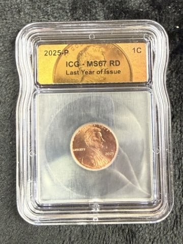 2025-P ICG MS67 RD Last Year of Issue Penny: KEY WORDS: INDIAN ARTIFACT ARTIFACTS ARROWHEAD ARROWHEADS NATIVE AMERICAN MISSISSIPPIAN QUAPAW CADDO POTTERY COINS MORGAN DOLLAR PEACE DOLLAR SILVER COINS. All coins have been Sigma tested for authent