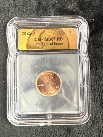 2025-P ICG MS67 RD Last Year of Issue Penny: KEY WORDS: INDIAN ARTIFACT ARTIFACTS ARROWHEAD ARROWHEADS NATIVE AMERICAN MISSISSIPPIAN QUAPAW CADDO POTTERY COINS MORGAN DOLLAR PEACE DOLLAR SILVER COINS. All coins have been Sigma tested for authent