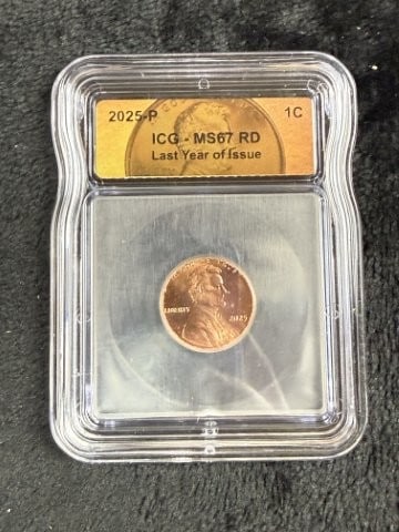 2025-P ICG MS67 RD Last Year of Issue Penny: KEY WORDS: INDIAN ARTIFACT ARTIFACTS ARROWHEAD ARROWHEADS NATIVE AMERICAN MISSISSIPPIAN QUAPAW CADDO POTTERY COINS MORGAN DOLLAR PEACE DOLLAR SILVER COINS. All coins have been Sigma tested for authent