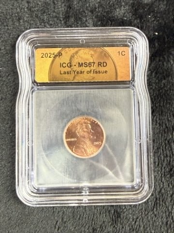2025-P ICG MS67 RD Last Year of Issue Penny: KEY WORDS: INDIAN ARTIFACT ARTIFACTS ARROWHEAD ARROWHEADS NATIVE AMERICAN MISSISSIPPIAN QUAPAW CADDO POTTERY COINS MORGAN DOLLAR PEACE DOLLAR SILVER COINS. All coins have been Sigma tested for authent