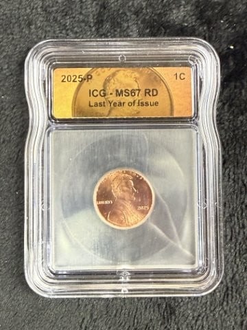 2025-P ICG MS67 RD Last Year of Issue Penny: KEY WORDS: INDIAN ARTIFACT ARTIFACTS ARROWHEAD ARROWHEADS NATIVE AMERICAN MISSISSIPPIAN QUAPAW CADDO POTTERY COINS MORGAN DOLLAR PEACE DOLLAR SILVER COINS. All coins have been Sigma tested for authent