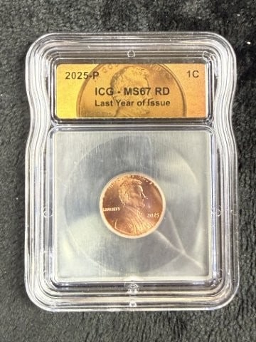 2025-P ICG MS67 RD Last Year of Issue Penny: KEY WORDS: INDIAN ARTIFACT ARTIFACTS ARROWHEAD ARROWHEADS NATIVE AMERICAN MISSISSIPPIAN QUAPAW CADDO POTTERY COINS MORGAN DOLLAR PEACE DOLLAR SILVER COINS. All coins have been Sigma tested for