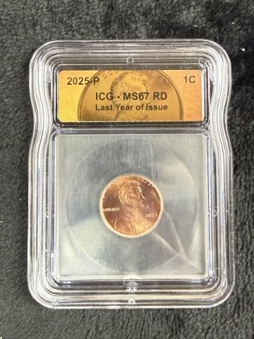 2025-P ICG MS67 RD Last Year of Issue Penny: KEY WORDS: INDIAN ARTIFACT ARTIFACTS ARROWHEAD ARROWHEADS NATIVE AMERICAN MISSISSIPPIAN QUAPAW CADDO POTTERY COINS MORGAN DOLLAR PEACE DOLLAR SILVER COINS. All coins have been Sigma tested for