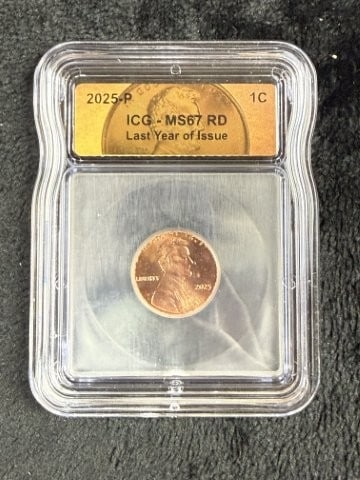 2025-P ICG MS67 RD Last Year of Issue Penny: KEY WORDS: INDIAN ARTIFACT ARTIFACTS ARROWHEAD ARROWHEADS NATIVE AMERICAN MISSISSIPPIAN QUAPAW CADDO POTTERY COINS MORGAN DOLLAR PEACE DOLLAR SILVER COINS. All coins have been Sigma tested for