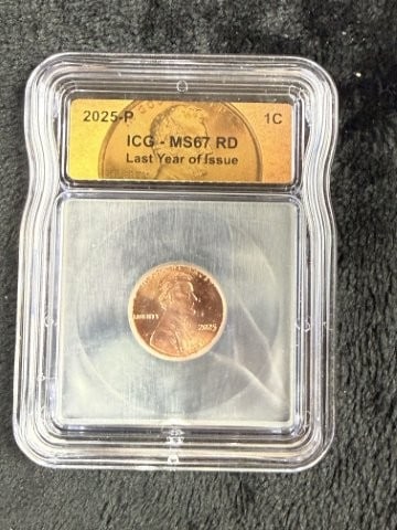 2025-P ICG MS67 RD Last Year of Issue Penny: KEY WORDS: INDIAN ARTIFACT ARTIFACTS ARROWHEAD ARROWHEADS NATIVE AMERICAN MISSISSIPPIAN QUAPAW CADDO POTTERY COINS MORGAN DOLLAR PEACE DOLLAR SILVER COINS. All coins have been Sigma tested for