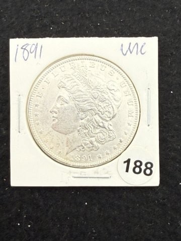 1891 UNC Morgan Silver Dollar Coin: KEY WORDS: INDIAN ARTIFACT ARTIFACTS ARROWHEAD ARROWHEADS NATIVE AMERICAN MISSISSIPPIAN QUAPAW CADDO POTTERY COINS MORGAN DOLLAR PEACE DOLLAR SILVER COINS. All coins have been Sigma tested for