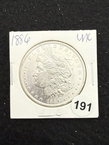 1886 UNC Morgan Silver Dollar Coin: KEY WORDS: INDIAN ARTIFACT ARTIFACTS ARROWHEAD ARROWHEADS NATIVE AMERICAN MISSISSIPPIAN QUAPAW CADDO POTTERY COINS MORGAN DOLLAR PEACE DOLLAR SILVER COINS. All coins have been Sigma tested for