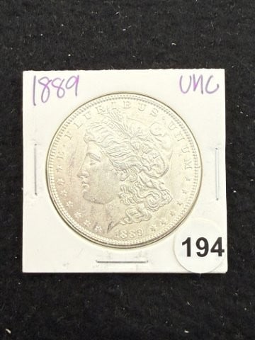 1889 UNC Morgan Silver Dollar Coin: KEY WORDS: INDIAN ARTIFACT ARTIFACTS ARROWHEAD ARROWHEADS NATIVE AMERICAN MISSISSIPPIAN QUAPAW CADDO POTTERY COINS MORGAN DOLLAR PEACE DOLLAR SILVER COINS. All coins have been Sigma tested for