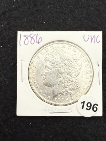1886 UNC Morgan Silver Dollar Coin: KEY WORDS: INDIAN ARTIFACT ARTIFACTS ARROWHEAD ARROWHEADS NATIVE AMERICAN MISSISSIPPIAN QUAPAW CADDO POTTERY COINS MORGAN DOLLAR PEACE DOLLAR SILVER COINS. All coins have been Sigma tested for
