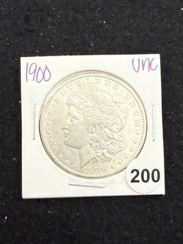 1900 UNC Morgan Silver Dollar Coin: KEY WORDS: INDIAN ARTIFACT ARTIFACTS ARROWHEAD ARROWHEADS NATIVE AMERICAN MISSISSIPPIAN QUAPAW CADDO POTTERY COINS MORGAN DOLLAR PEACE DOLLAR SILVER COINS. All coins have been Sigma tested for