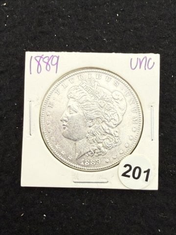 1889 UNC Morgan Silver Dollar Coin: KEY WORDS: INDIAN ARTIFACT ARTIFACTS ARROWHEAD ARROWHEADS NATIVE AMERICAN MISSISSIPPIAN QUAPAW CADDO POTTERY COINS MORGAN DOLLAR PEACE DOLLAR SILVER COINS. All coins have been Sigma tested for
