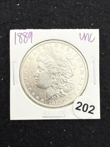 1889 UNC Morgan Silver Dollar Coin: KEY WORDS: INDIAN ARTIFACT ARTIFACTS ARROWHEAD ARROWHEADS NATIVE AMERICAN MISSISSIPPIAN QUAPAW CADDO POTTERY COINS MORGAN DOLLAR PEACE DOLLAR SILVER COINS. All coins have been Sigma tested for