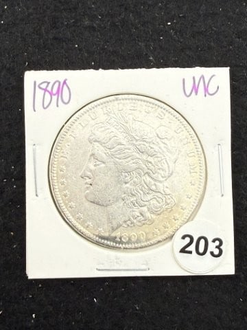 1890 UNC Morgan Silver Dollar Coin: KEY WORDS: INDIAN ARTIFACT ARTIFACTS ARROWHEAD ARROWHEADS NATIVE AMERICAN MISSISSIPPIAN QUAPAW CADDO POTTERY COINS MORGAN DOLLAR PEACE DOLLAR SILVER COINS. All coins have been Sigma tested for