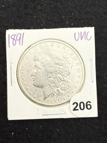 1891 UNC Morgan Silver Dollar Coin: KEY WORDS: INDIAN ARTIFACT ARTIFACTS ARROWHEAD ARROWHEADS NATIVE AMERICAN MISSISSIPPIAN QUAPAW CADDO POTTERY COINS MORGAN DOLLAR PEACE DOLLAR SILVER COINS. All coins have been Sigma tested for
