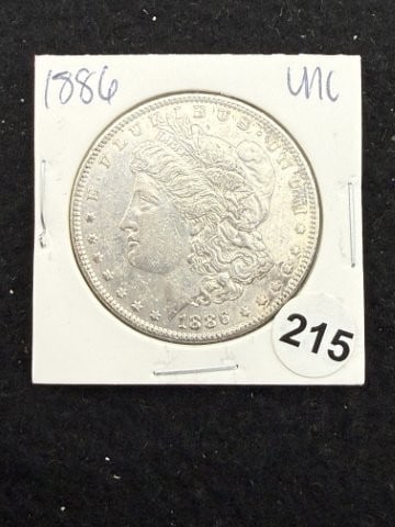 1886 UNC Morgan Silver Dollar Coin: KEY WORDS: INDIAN ARTIFACT ARTIFACTS ARROWHEAD ARROWHEADS NATIVE AMERICAN MISSISSIPPIAN QUAPAW CADDO POTTERY COINS MORGAN DOLLAR PEACE DOLLAR SILVER COINS. All coins have been Sigma tested for