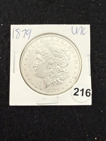 1879 UNC Morgan Silver Dollar Coin: KEY WORDS: INDIAN ARTIFACT ARTIFACTS ARROWHEAD ARROWHEADS NATIVE AMERICAN MISSISSIPPIAN QUAPAW CADDO POTTERY COINS MORGAN DOLLAR PEACE DOLLAR SILVER COINS. All coins have been Sigma tested for