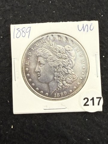 1889 UNC Morgan Silver Dollar Coin: KEY WORDS: INDIAN ARTIFACT ARTIFACTS ARROWHEAD ARROWHEADS NATIVE AMERICAN MISSISSIPPIAN QUAPAW CADDO POTTERY COINS MORGAN DOLLAR PEACE DOLLAR SILVER COINS. All coins have been Sigma tested for