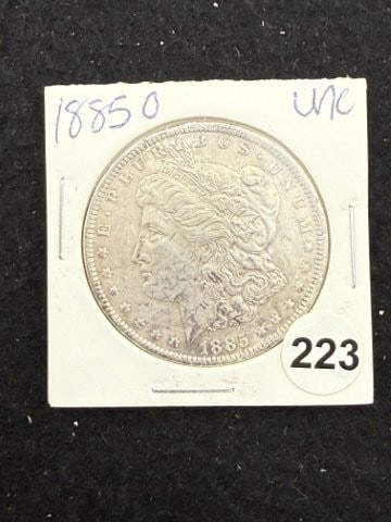 1885 O UNC Morgan Silver Dollar Coin: KEY WORDS: INDIAN ARTIFACT ARTIFACTS ARROWHEAD ARROWHEADS NATIVE AMERICAN MISSISSIPPIAN QUAPAW CADDO POTTERY COINS MORGAN DOLLAR PEACE DOLLAR SILVER COINS. All coins have been Sigma tested for