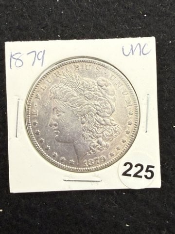 1879 UNC Morgan Silver Dollar Coin: KEY WORDS: INDIAN ARTIFACT ARTIFACTS ARROWHEAD ARROWHEADS NATIVE AMERICAN MISSISSIPPIAN QUAPAW CADDO POTTERY COINS MORGAN DOLLAR PEACE DOLLAR SILVER COINS. All coins have been Sigma tested for