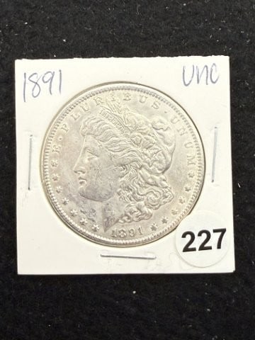 1891 UNC Morgan Silver Dollar Coin: KEY WORDS: INDIAN ARTIFACT ARTIFACTS ARROWHEAD ARROWHEADS NATIVE AMERICAN MISSISSIPPIAN QUAPAW CADDO POTTERY COINS MORGAN DOLLAR PEACE DOLLAR SILVER COINS. All coins have been Sigma tested for
