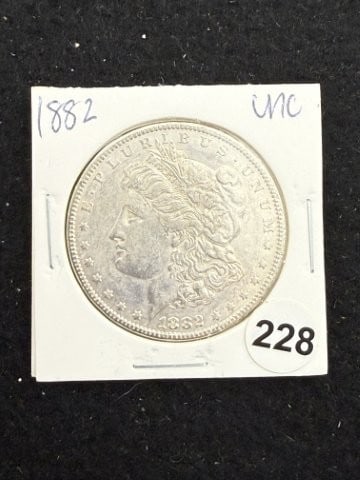 1882 UNC Morgan Silver Dollar Coin: KEY WORDS: INDIAN ARTIFACT ARTIFACTS ARROWHEAD ARROWHEADS NATIVE AMERICAN MISSISSIPPIAN QUAPAW CADDO POTTERY COINS MORGAN DOLLAR PEACE DOLLAR SILVER COINS. All coins have been Sigma tested for
