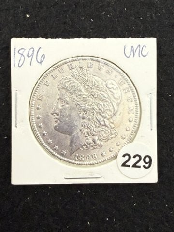 1896 UNC Morgan Silver Dollar Coin: KEY WORDS: INDIAN ARTIFACT ARTIFACTS ARROWHEAD ARROWHEADS NATIVE AMERICAN MISSISSIPPIAN QUAPAW CADDO POTTERY COINS MORGAN DOLLAR PEACE DOLLAR SILVER COINS. All coins have been Sigma tested for
