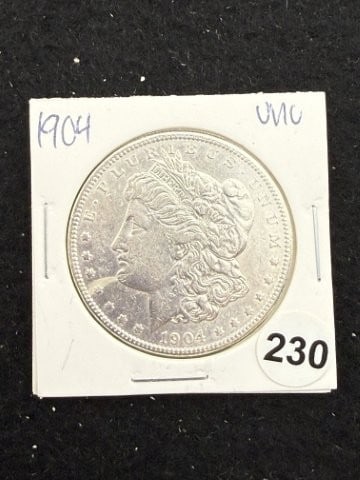 1904 UNC Morgan Silver Dollar Coin: KEY WORDS: INDIAN ARTIFACT ARTIFACTS ARROWHEAD ARROWHEADS NATIVE AMERICAN MISSISSIPPIAN QUAPAW CADDO POTTERY COINS MORGAN DOLLAR PEACE DOLLAR SILVER COINS. All coins have been Sigma tested for