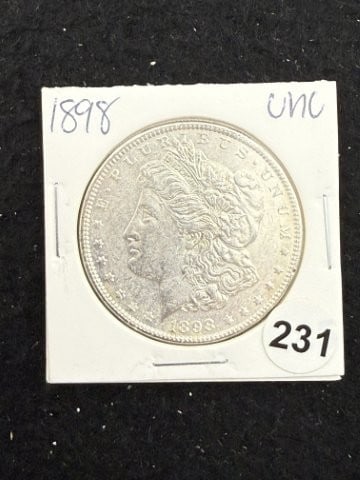 1898 UNC Morgan Silver Dollar Coin: KEY WORDS: INDIAN ARTIFACT ARTIFACTS ARROWHEAD ARROWHEADS NATIVE AMERICAN MISSISSIPPIAN QUAPAW CADDO POTTERY COINS MORGAN DOLLAR PEACE DOLLAR SILVER COINS. All coins have been Sigma tested for authent