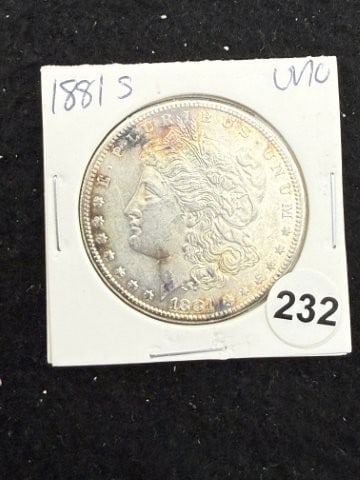 1881 S UNC Morgan Silver Dollar Coin: KEY WORDS: INDIAN ARTIFACT ARTIFACTS ARROWHEAD ARROWHEADS NATIVE AMERICAN MISSISSIPPIAN QUAPAW CADDO POTTERY COINS MORGAN DOLLAR PEACE DOLLAR SILVER COINS. All coins have been Sigma tested for