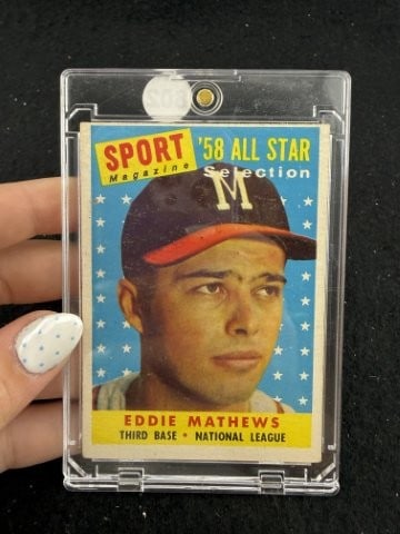 1958 Topps Eddie Mathews Baseball Card: KEY WORDS: INDIAN ARTIFACT ARTIFACTS ARROWHEAD ARROWHEADS NATIVE AMERICAN MISSISSIPPIAN QUAPAW CADDO POTTERY COINS MORGAN DOLLAR PEACE DOLLAR SILVER COINS. All coins have been Sigma tested for