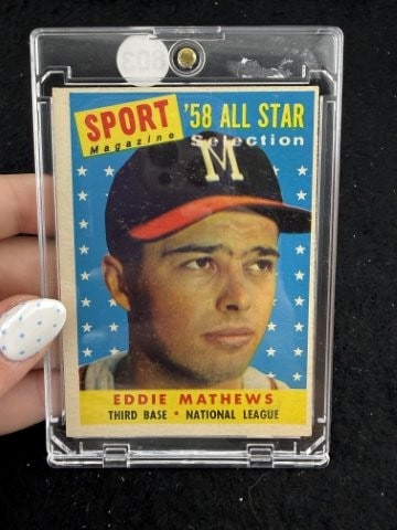 1958 Topps Eddie Mathews Baseball Card: KEY WORDS: INDIAN ARTIFACT ARTIFACTS ARROWHEAD ARROWHEADS NATIVE AMERICAN MISSISSIPPIAN QUAPAW CADDO POTTERY COINS MORGAN DOLLAR PEACE DOLLAR SILVER COINS. All coins have been Sigma tested for