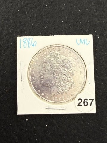 1886 UNC Morgan Silver Dollar Coin: KEY WORDS: INDIAN ARTIFACT ARTIFACTS ARROWHEAD ARROWHEADS NATIVE AMERICAN MISSISSIPPIAN QUAPAW CADDO POTTERY COINS MORGAN DOLLAR PEACE DOLLAR SILVER COINS. All coins have been Sigma tested for authent