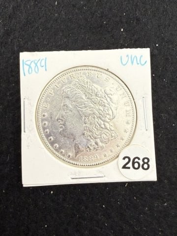 1889 UNC Morgan Silver Dollar Coin: KEY WORDS: INDIAN ARTIFACT ARTIFACTS ARROWHEAD ARROWHEADS NATIVE AMERICAN MISSISSIPPIAN QUAPAW CADDO POTTERY COINS MORGAN DOLLAR PEACE DOLLAR SILVER COINS. All coins have been Sigma tested for